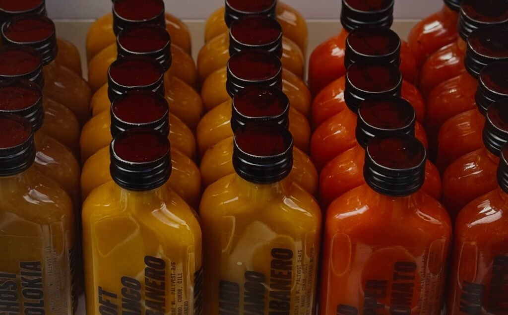 pexels-photo-33800365 Rows of chili sauce bottles with vibrant red and orange hues, perfect for culinary themes.